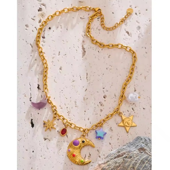 Moon Star Charms 18K Gold Stainless Steel Waterproof Necklace - Picture 3 of 12